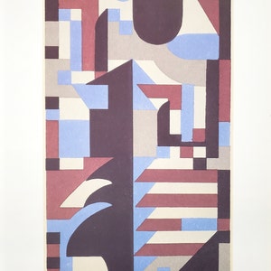 May include: Abstract geometric art print featuring a composition of shapes in burgundy, blue, gray, and white. The design includes rectangles, triangles, and curved forms, creating a modern aesthetic. The artwork is on a cream-colored background.