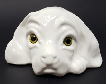 Canadiana Pottery White Puppy Dog with Green Eyes | Sad Hound or Spaniel Pup | Collectables Series #304 | Vintage Dogs |