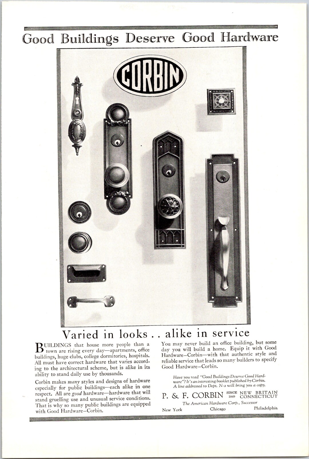 PRINT AD 1929 P & F Corbin Hardware Doorknobs for Public Buildings 6.75