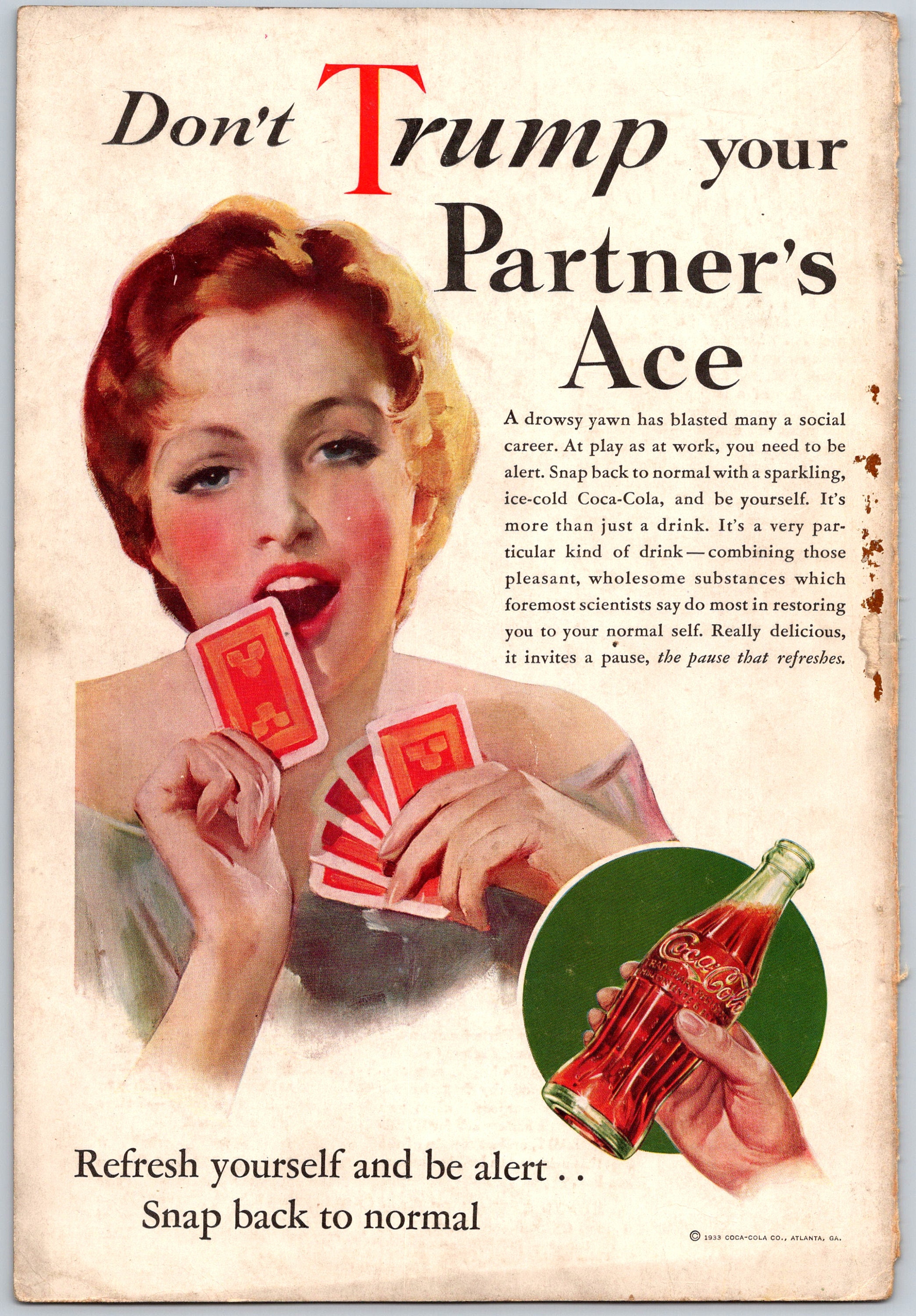 1933 Coke PRINT AD Yawning Woman Playing Cards Non Drowsy Coca