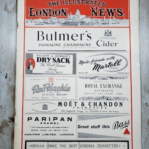 May include: A vintage magazine cover for The Illustrated London News from March 26, 1955. The cover features advertisements for various products, including Bulmer's Pomagne Champagne Cider, Williams & Humbert's Dry Sack Sherry, Red Hackle De Luxe Scotch Whisky, Moët & Chandon Champagne, Paripan Enamel, Bass Ale, and Abdulla Virginia Cigarettes.