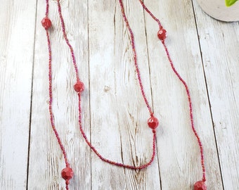 Long Continuous Red Necklace 53” | Glass Seed Beads and Faceted Plastic | Versatile Vintage Boho Hippie Costume Jewelry