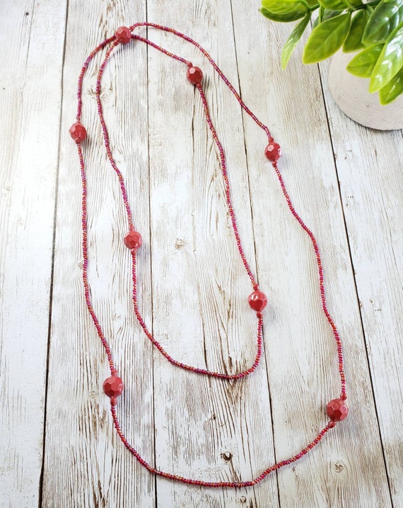 Long Continuous Red Necklace 53” | Glass Seed Bead