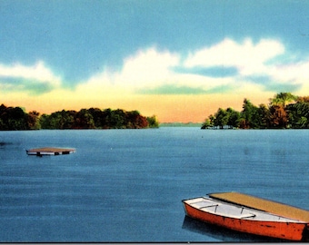 Postcard Lake Scene Rowboat at Dock Floating Platform Unused