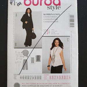 May include: Burda Style sewing pattern number 7453 for a combination of clothing. The pattern includes instructions for making a jacket, blouse, and trousers. The pattern is available in sizes 44 to 60 and 18 to 34. The pattern is for commercial use.