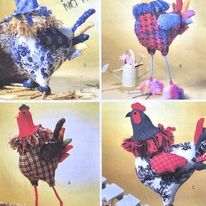 May include: Four fabric chicken figures labelled A, B, C, and D. Figure A has a plaid body and red legs. Figure B is pink and plaid with tall legs. Figure C features black and white toile fabric. Figure D has blue floral patterns and a yellow beak.