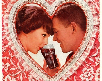 1960 Coke VINTAGE PRINT AD Valentines Couple Heart Lace Refreshing New Feeling Coca Cola Advertisement 6.75 x 10 Collectible Mini Poster