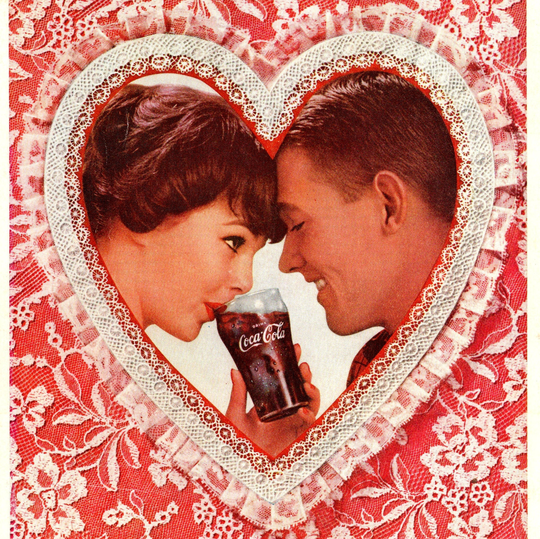 1960 Coke VINTAGE PRINT AD Valentines Couple Heart Lace Refreshing