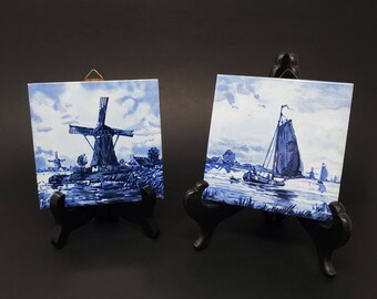 Dutch Blue Tiles x2 | Windmill and Sailboat Decor | 4-inch Mosa Tiles Made in The Netherlands | Vintage Hanging Wall Tiles Decor