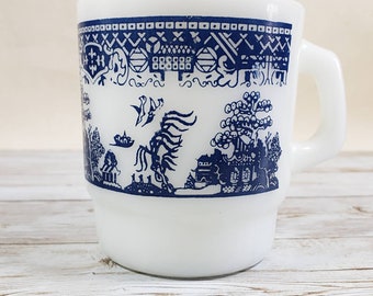 Anchor Hocking Blue Willow Chinoiserie Milk Glass Stackable Mug Coffee Cup Made in USA