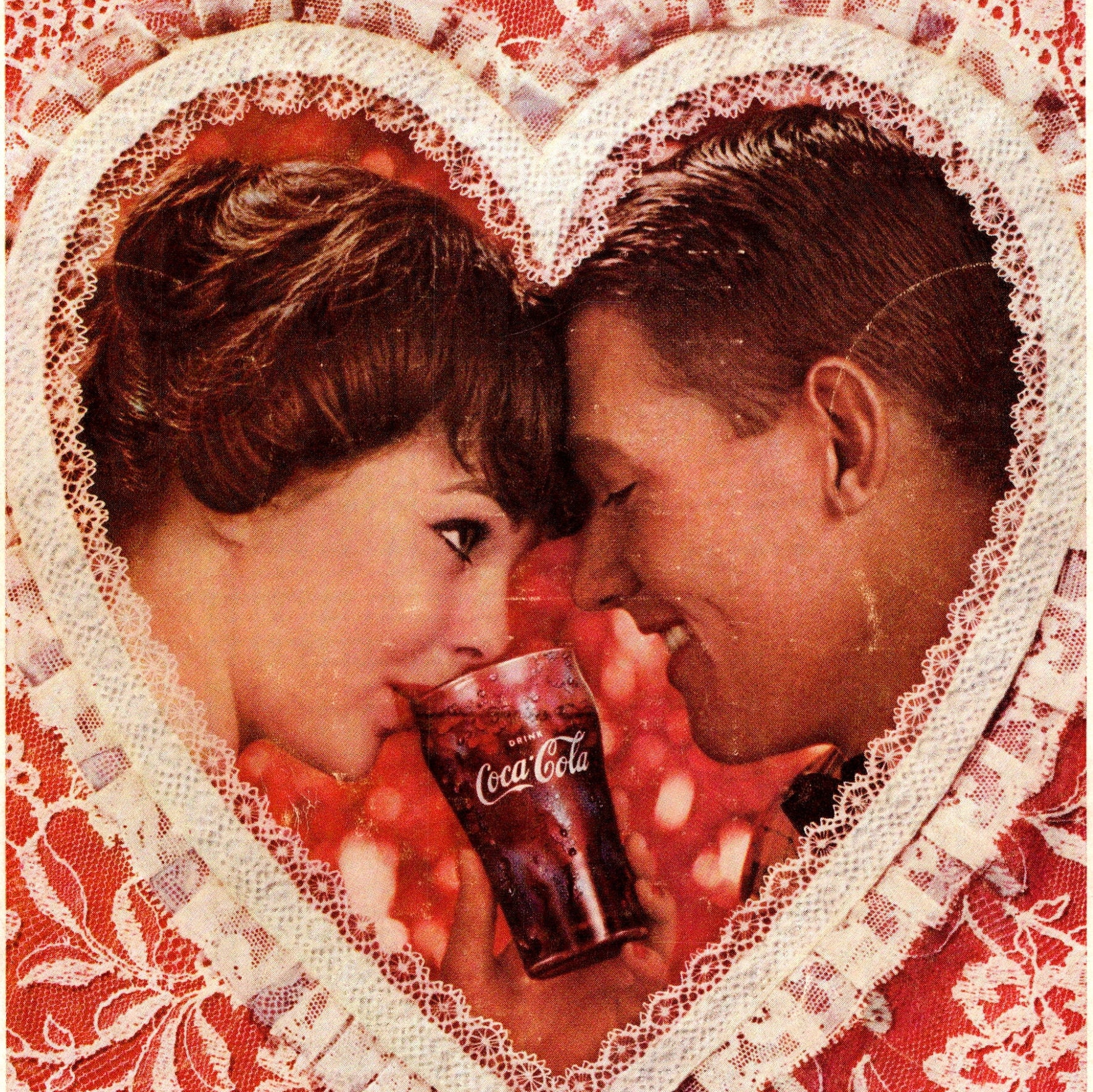 1959 Coke VINTAGE PRINT AD Valentines Couple Heart Lace Be