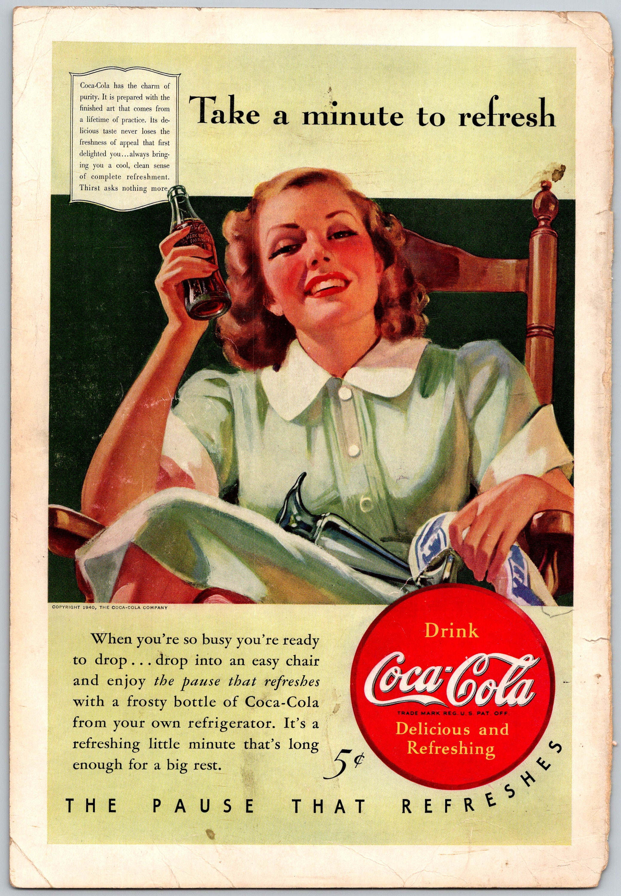 1940 Coke PRINT AD Young Woman Polishing Silver WWII Era Vintage