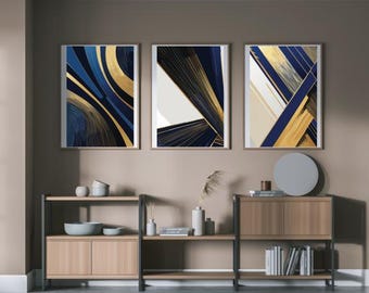 Abstract Elegance: Blue & Gold Poster Collection - Set of 3 Downloadable Prints
