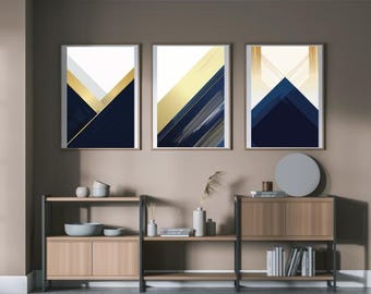 Modern Blue and Gold Digital Wall Art - Set of 3 Downloadable Prints