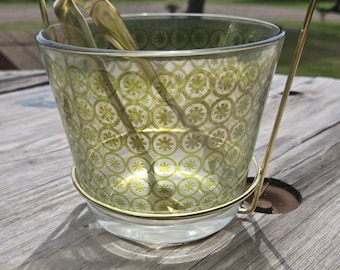 Vtg MCM Jeannette Glass Ice Bucket with Stand and Tongs in Original Box