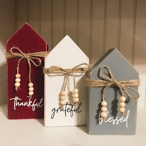 3 Wooden Red and Gray houses, Wood house Sign, Small Houses, Thankful Grateful and Blessed little houses