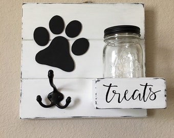 Dog Leash and Treat Holder, Rustic Wooden Hanger, Mason Jar