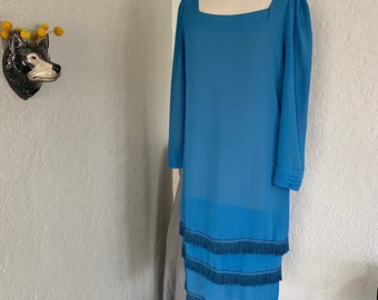 Lilli Diamond 70's blue long sleeve fringe cocktail dress size 12