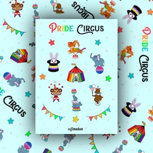 Pode incluir: Uma folha de autocolantes sobre um fundo azul claro com o texto PRIDE CIRCUS e @jinxdeo. A folha apresenta ilustrações de um coelho num cartola, um tigre, um elefante numa bola, uma tenda de circo arco-íris, um macaco, uma foca e um urso.