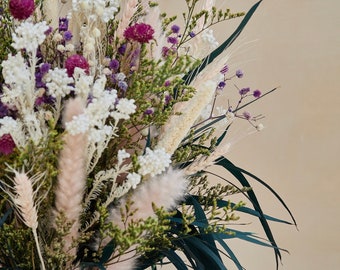 Dried Flower Bouquet- “Fiona” Pink Pampas Grass Purple Gypsophila Green Limonium Boho Home Decor Wedding Flowers Bridal Bouquet Easter Decor