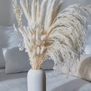 Op de afbeelding: Een witte vaas met een getextureerd oppervlak bevat een boeket gedroogd pampasgras. Het boeket bevat ivoor en wit pampasgras, evenals kleinere witte pluche stelen. De vaas staat op een houten tafel. De tekst "Try it in a set: Ivory Pampas Set" staat bovenaan de afbeelding. De tekst "Link in the description" staat onderaan de afbeelding.