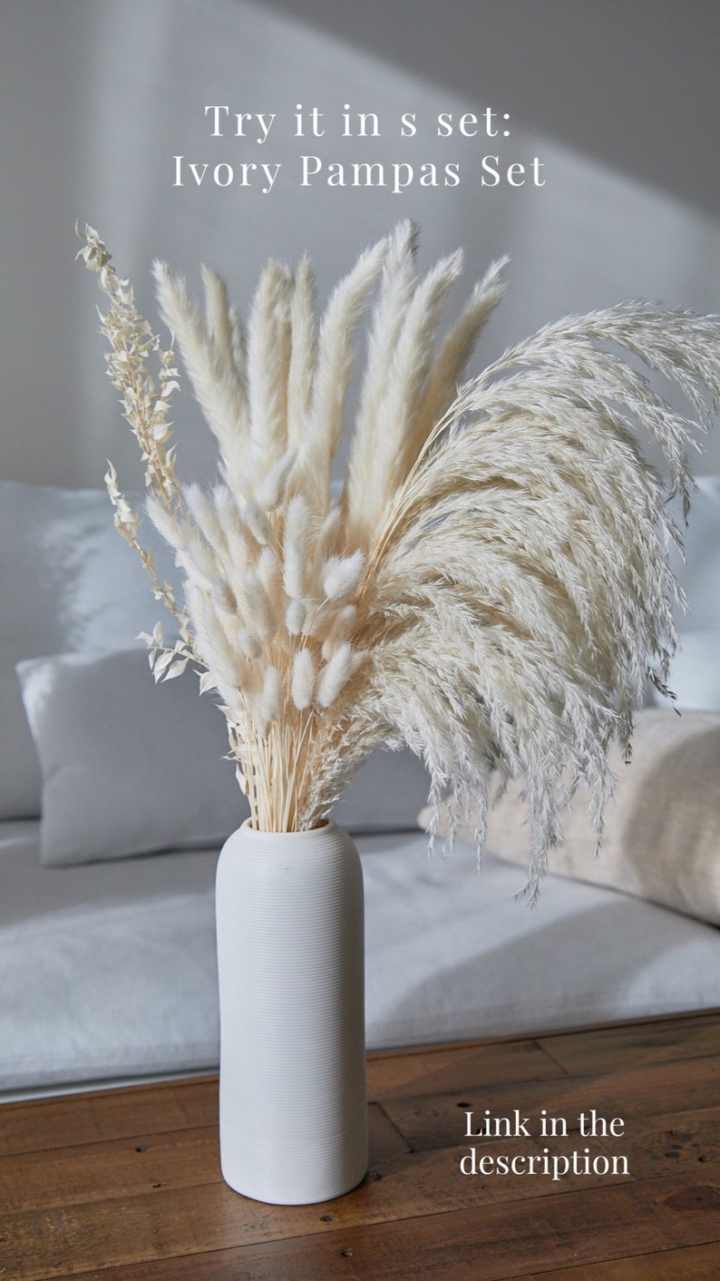 Op de afbeelding: Een witte vaas met een getextureerd oppervlak bevat een boeket gedroogd pampasgras. Het boeket bevat ivoor en wit pampasgras, evenals kleinere witte pluche stelen. De vaas staat op een houten tafel. De tekst "Try it in a set: Ivory Pampas Set" staat bovenaan de afbeelding. De tekst "Link in the description" staat onderaan de afbeelding.