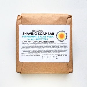 Cocoa Butter, Peppermint & Aloe Vera 100% Natural Organic Solid Shaving Soap Bar