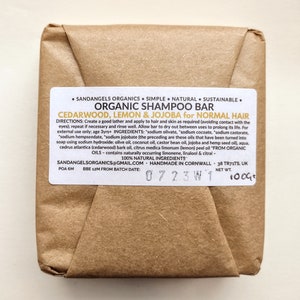 Cedarwood, Lemon & Jojoba 100% Natural Organic  Shampoo Bar - gentle conditioning for normal hair.