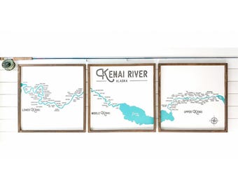 Kenai River Fishing Holes Map Sign – Alaska Cabin Decor, Wood Wall Art