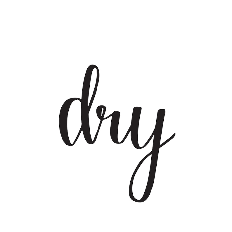 May include: Hand-lettered calligraphy of the word "dry" in black ink on a white background.