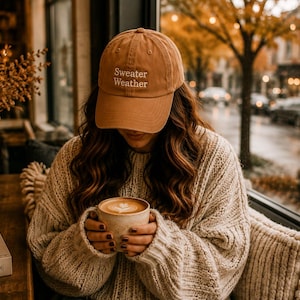 Sweater Weather Embroidered Hat | Fall Baseball Cap | Cozy Autumn Hat | Coffee Lover Hat | Vintage Washed Dad Hat | Pumpkin Patch Outfit