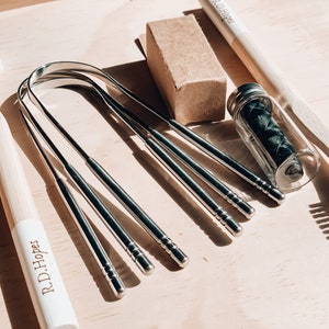 Dental Starter Kit Including Two of Each: Bamboo Charcoal Floss, Steel Tongue Scraper, Bamboo Toothbrushes // Biodegradable, reusable