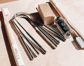 Dental Starter Kit Including Two of Each: Bamboo Charcoal Floss, Steel Tongue Scraper, Bamboo Toothbrushes // Biodegradable, reusable