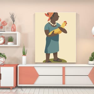 Folk Art Woman with Chicken – Minimalist Vintage Illustration Print, Rustic Farmhouse Wall Decor