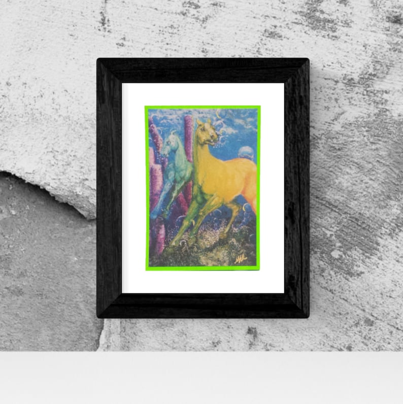 Colorful rainbow Sea horses Giclee print of watercolor horse card Hand made card Original art card Limited edition art card is gift