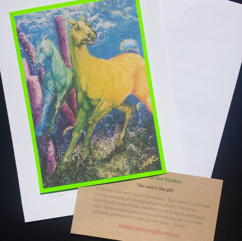 Colorful rainbow Sea horses Giclee print of watercolor horse card Hand made card Original art card Limited edition art card is gift