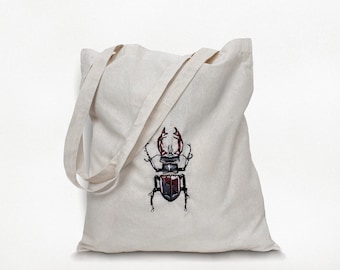 Von Hand bestickte Tote Bags / Jute/Öko-Beutel / Baumwolle / Shopper mit Naturmotiven Insekten / Marienkäfer / Libelle / Hirschkäfer / Uni