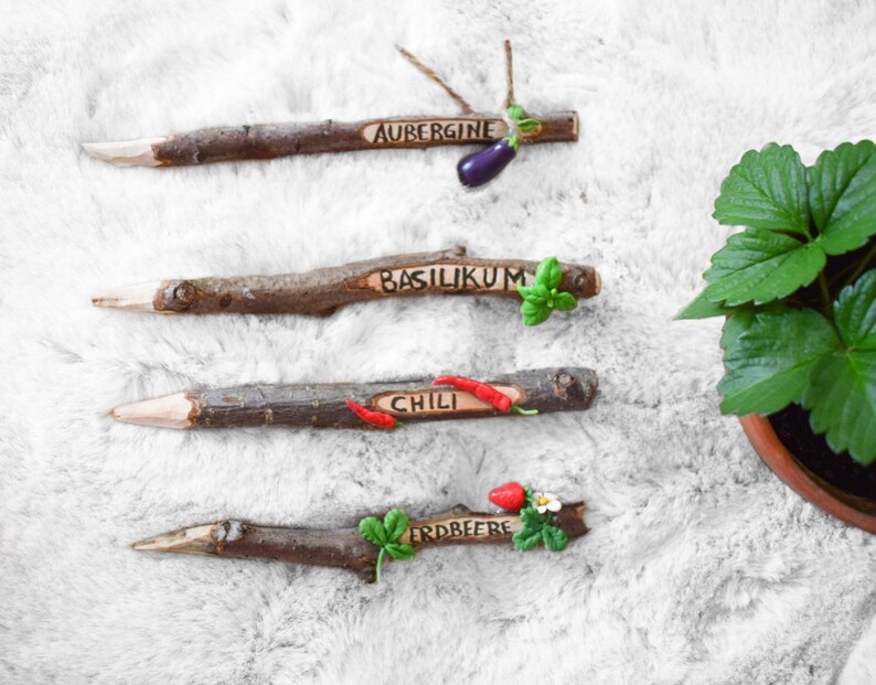 Plant signs/plant stakes/bed stakes made of polymer clay & carved branches for vegetable and herb beds/handmade/garden decoration/gift image 5