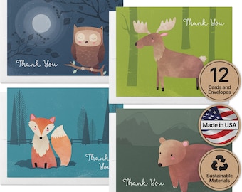 Woodland Animal Baby Shower Thank You Cards for Kids | Eco-Friendly | Set of 12 Cards & Envelopes