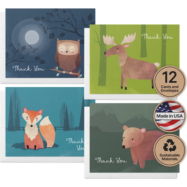 Woodland Animal Baby Shower Thank You Cards for Kids | Eco-Friendly | Set of 12 Cards & Envelopes