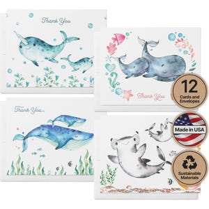 Ocean Animal Thank You Cards: Baby Shower Set of 12 with Envelopes image 1