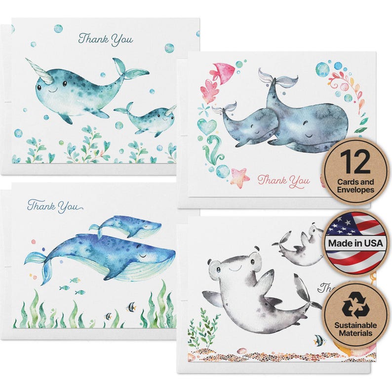 Ocean Animal Thank You Cards: Baby Shower Set of 12 with Envelopes image 1