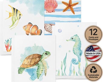 Watercolor Ocean Greeting Cards: Sea Turtle, Seahorse, Starfish - Set of 12