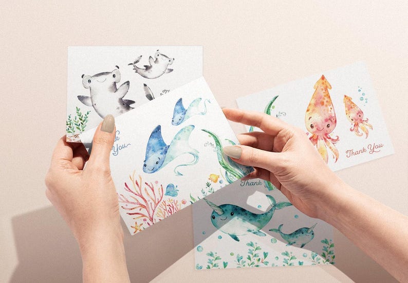 Ocean Animal Thank You Cards: Baby Shower Set of 12 with Envelopes image 2