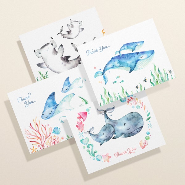 Baby Shower Thank You Cards | Blank Ocean Animal Greeting Cards | Eco Friendly | Set of 12 Cards & Envelopes