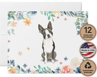 Boston Terrier Note Cards - 12 Eco-Friendly Puppy Stationery Set