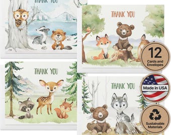 Baby Shower Thank You Cards: Woodland Animals (Set of 12 with Envelopes)