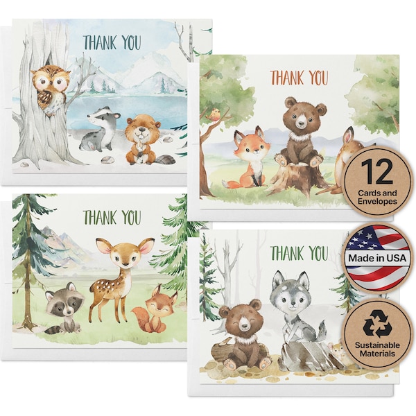 Woodland Whimsy Baby Shower Thank You Cards - Set of 12 | Blank Forest Animal Greetings | Eco-Friendly | Express Gratitude with Envelopes