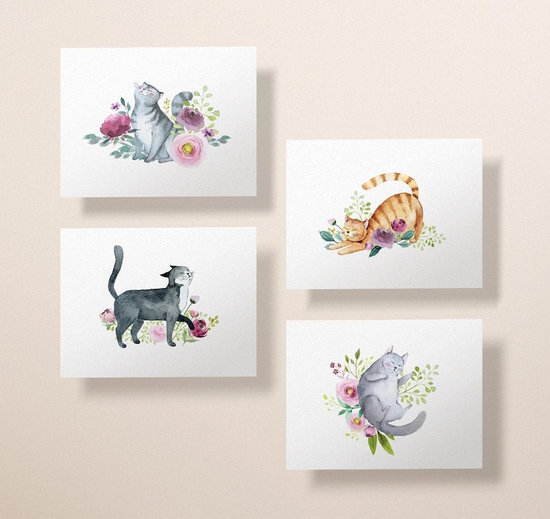 Watercolor Cat Greeting Cards, 4 Designs (Set of 12, Blank Inside) image 3