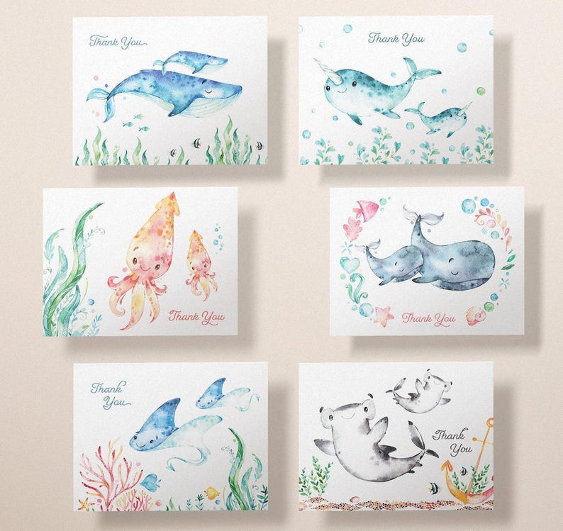 Ocean Animal Thank You Cards: Baby Shower Set of 12 with Envelopes image 3